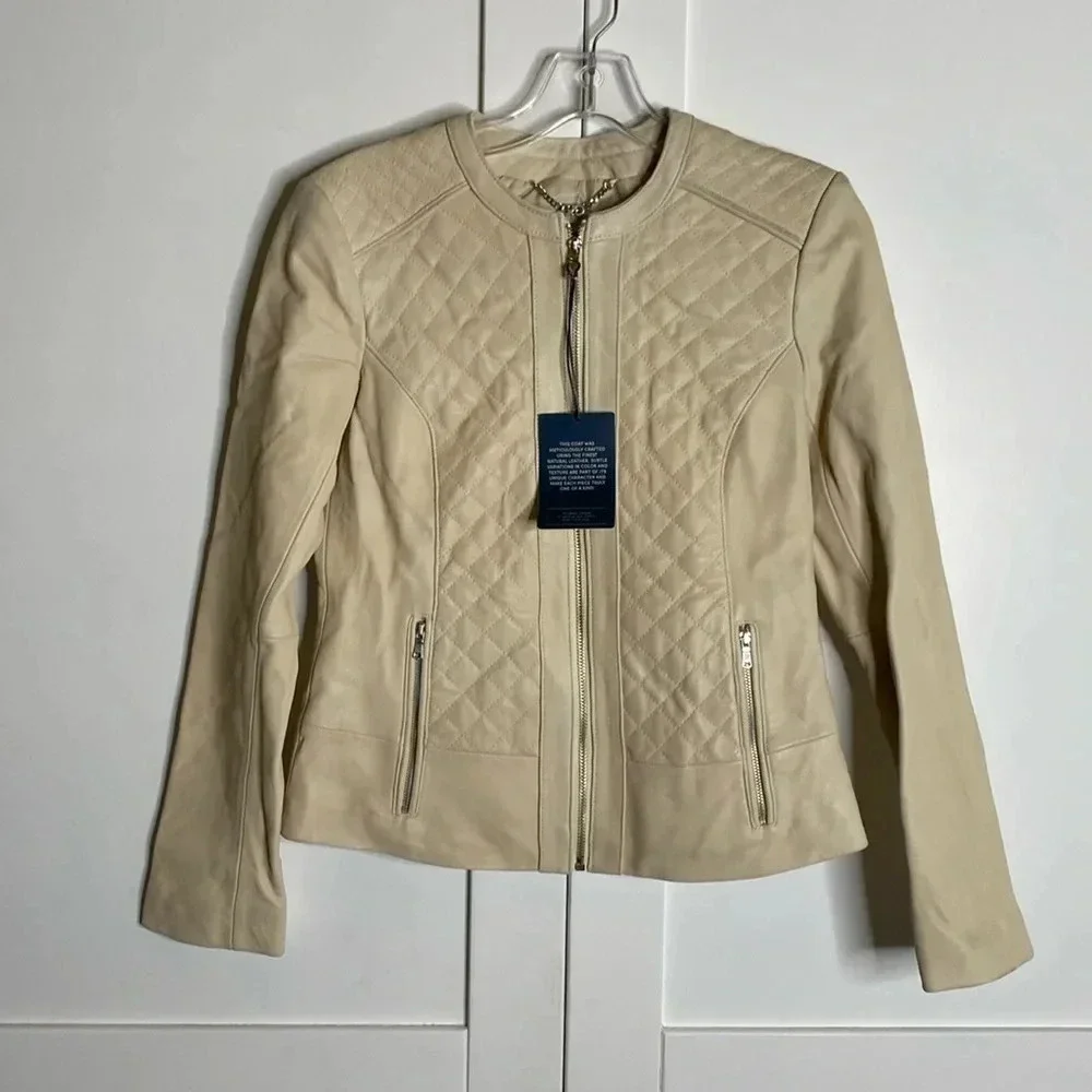 COLE HAAN Women's Jewel Neck Quilted Leather Jacket - Picture 1 of 14
